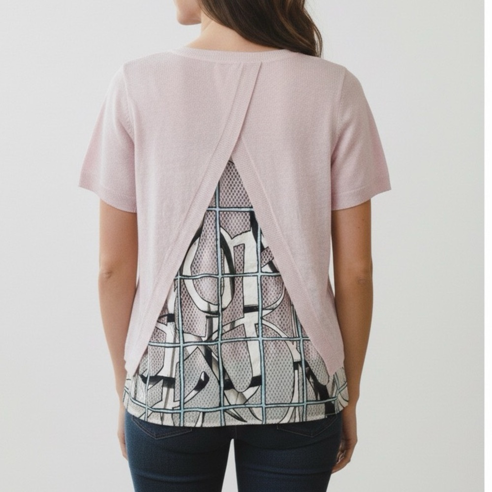 Sachin + Babi Pink Linen Short Sleeve Sweater w/ Mesh Patterned Back Size XS
